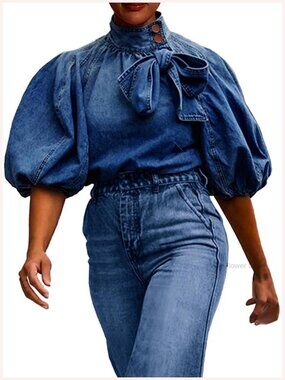 Puff Sleeve Denim Blouse Top Bow Tie Mock Neck Short Sleeve Oversized Jean Shirt